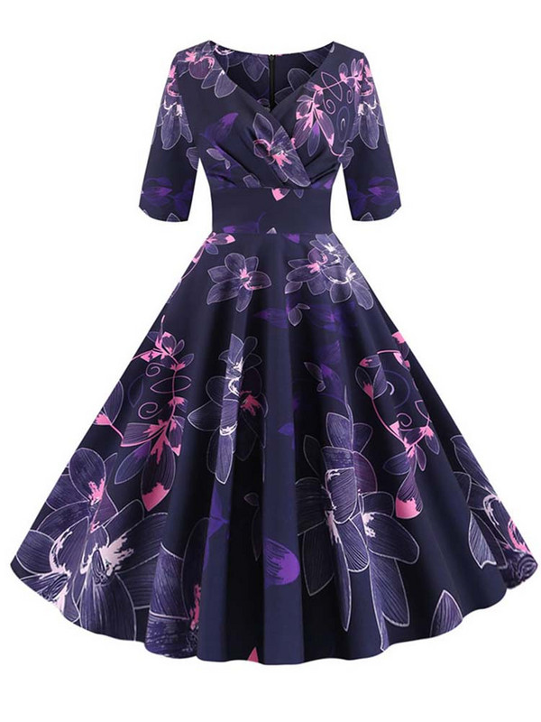 Női nyári ruha alkalmi fél ujjú elegáns vintage irodai buli virágmintás Midi sundress vestidos