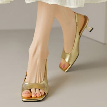 Модни дамски обувки 2023 г. Дамски сандали от полиуретан с отворени пръсти Летни елегантни парти сандали Тънък ток Плътни дамски сандали на висок ток