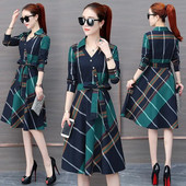 Női ruha Nyári koreai stílusú csíkos kockás ing ruha Női alkalmi rövid ujjú öv Vékony OL Work Vestidos női A vonalú ruha