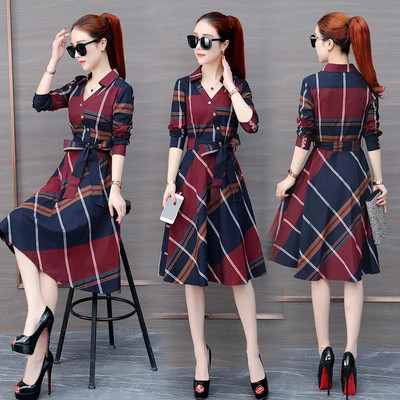 Női ruha Nyári koreai stílusú csíkos kockás ing ruha Női alkalmi rövid ujjú öv Vékony OL Work Vestidos női A vonalú ruha