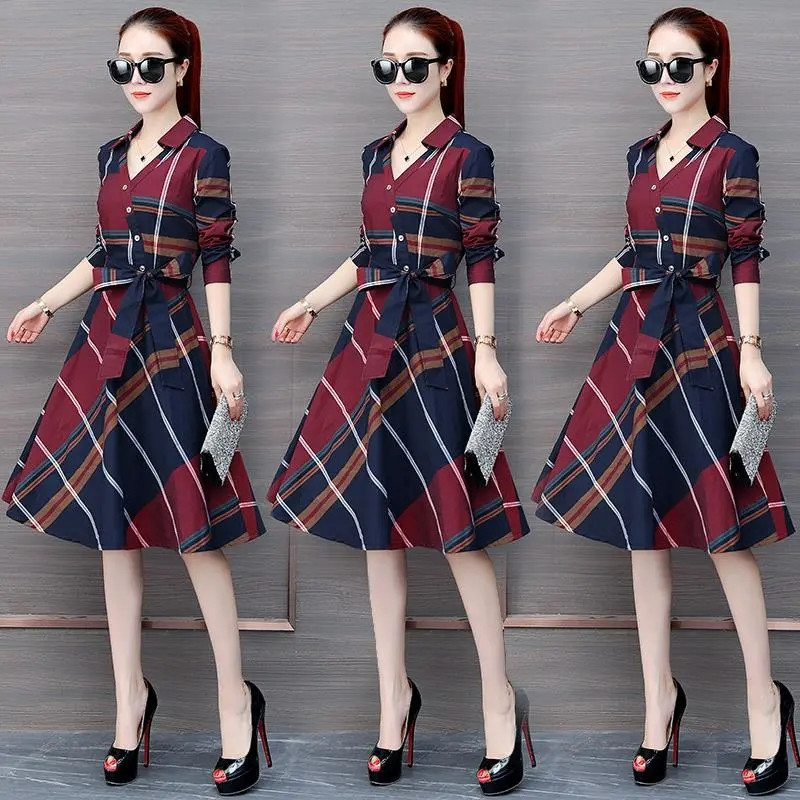 Női ruha Nyári koreai stílusú csíkos kockás ing ruha Női alkalmi rövid ujjú öv Vékony OL Work Vestidos női A vonalú ruha