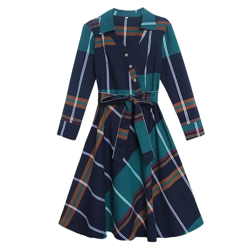 Női ruha Nyári koreai stílusú csíkos kockás ing ruha Női alkalmi rövid ujjú öv Vékony OL Work Vestidos női A vonalú ruha