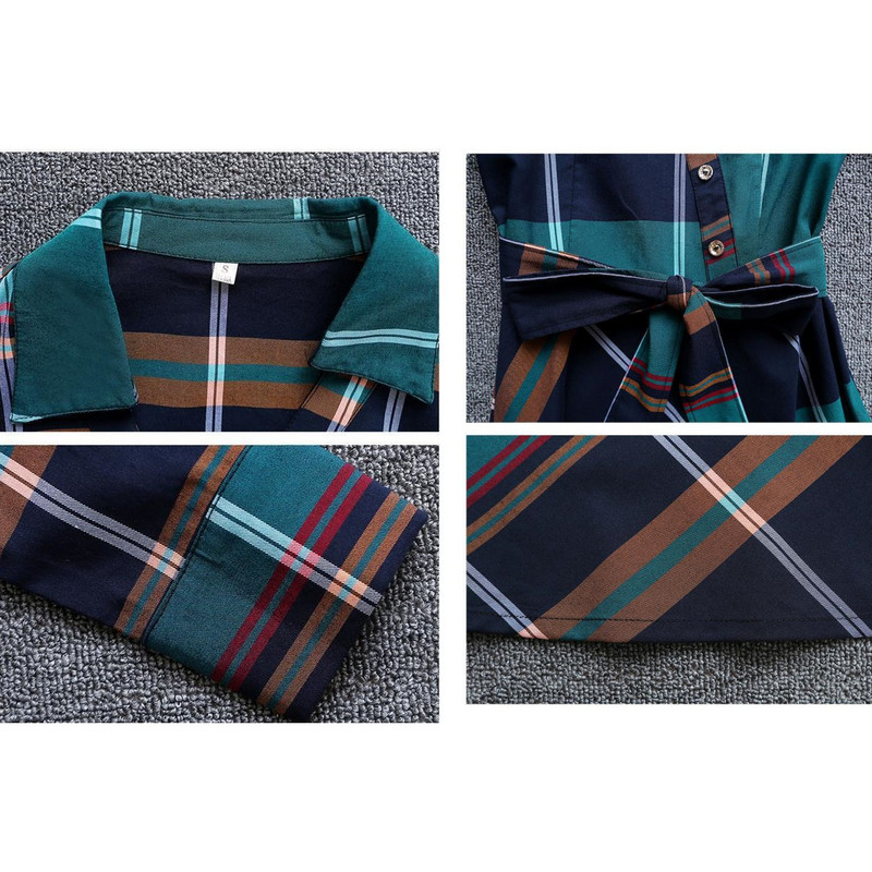 Női ruha Nyári koreai stílusú csíkos kockás ing ruha Női alkalmi rövid ujjú öv Vékony OL Work Vestidos női A vonalú ruha