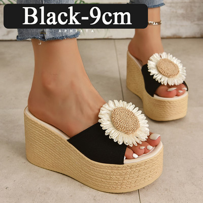 Aphixta Bézs Nyári 9cm Éksarkú Papucs Női Bohém Napraforgó Mulers 4cm Platform szandál Klumpa Cipő Csúszdák Nagy 43