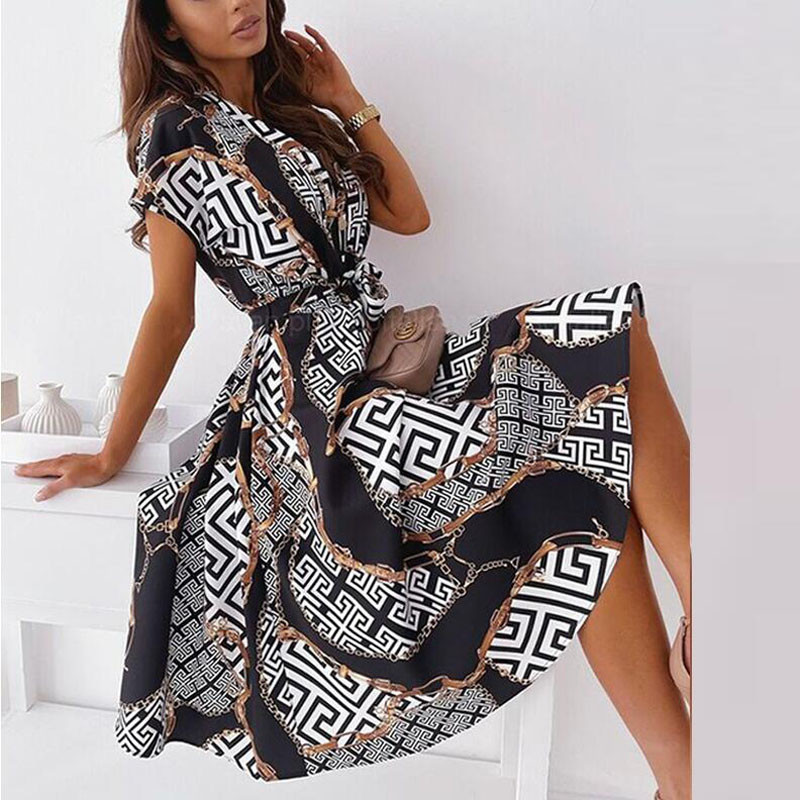 Nyári női ing, fűzős öves ruhák 2022-es évjáratú mintás nyomattal, A vonalú midi ruha szexi V nyakú gombos rövid ujjú parti ruha