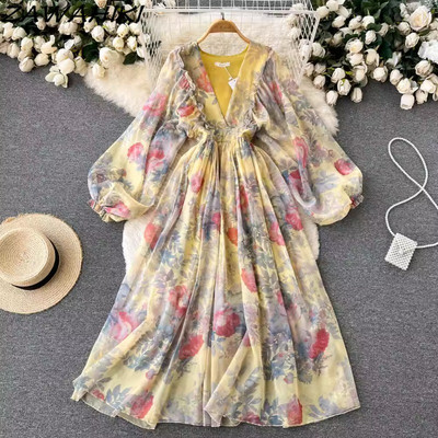 Redős masni virágos női ünnepi ruhák Szexi édes V nyakú köntös Női géz Sifon Vestidos Mujer magas derekú női ruházat