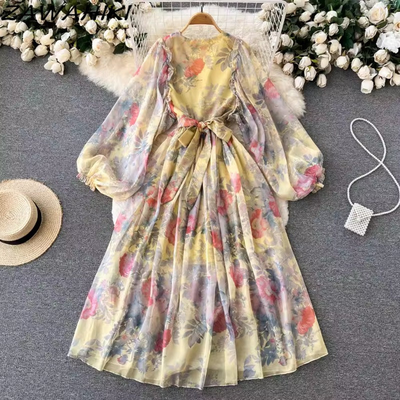 Redős masni virágos női ünnepi ruhák Szexi édes V nyakú köntös Női géz Sifon Vestidos Mujer magas derekú női ruházat