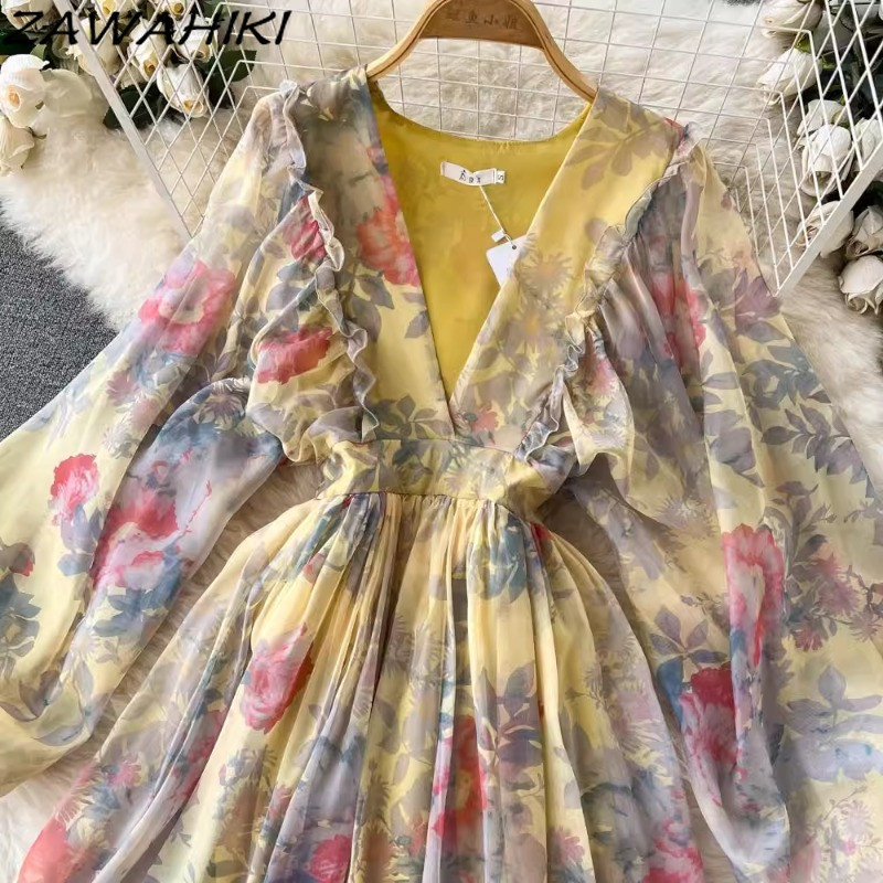 Redős masni virágos női ünnepi ruhák Szexi édes V nyakú köntös Női géz Sifon Vestidos Mujer magas derekú női ruházat