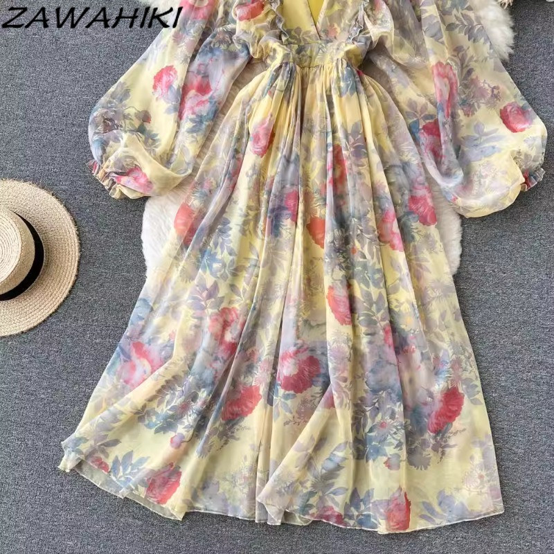 Redős masni virágos női ünnepi ruhák Szexi édes V nyakú köntös Női géz Sifon Vestidos Mujer magas derekú női ruházat