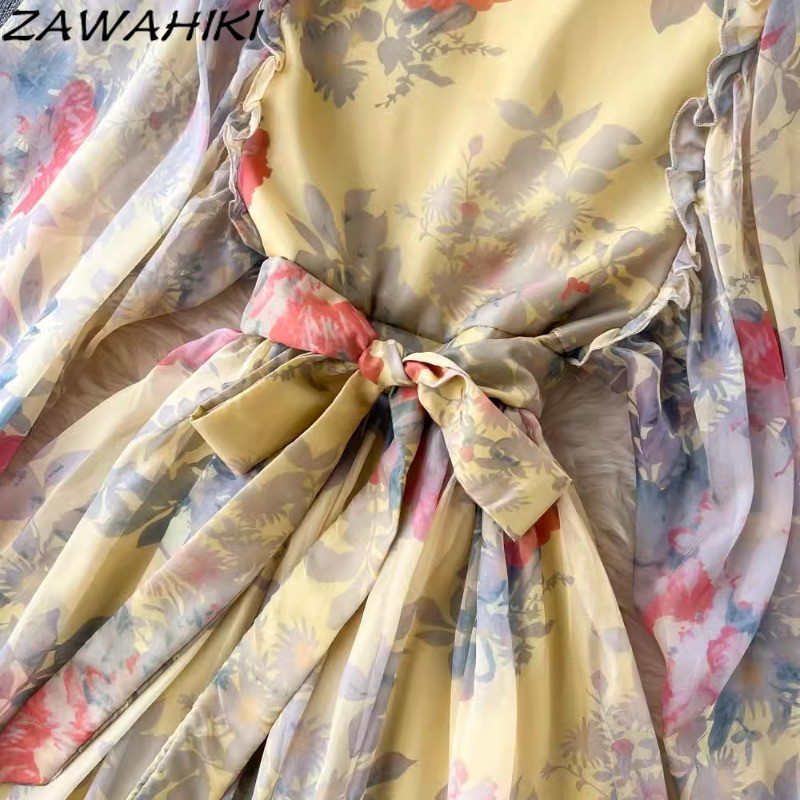 Redős masni virágos női ünnepi ruhák Szexi édes V nyakú köntös Női géz Sifon Vestidos Mujer magas derekú női ruházat