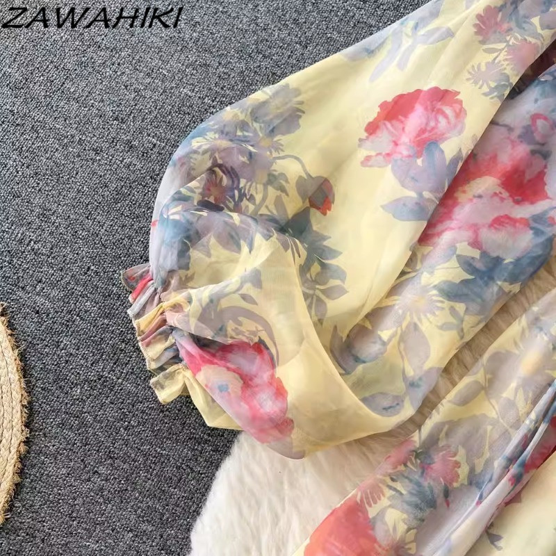 Redős masni virágos női ünnepi ruhák Szexi édes V nyakú köntös Női géz Sifon Vestidos Mujer magas derekú női ruházat