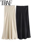 TRAF 2024 női divat tavaszi nyár selyem textúrájú félszoknya alkalmi karcsú, magas derekú alsó