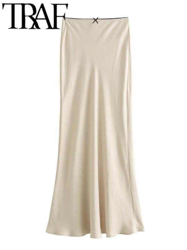 TRAF 2024 női divat tavaszi nyár selyem textúrájú félszoknya alkalmi karcsú, magas derekú alsó
