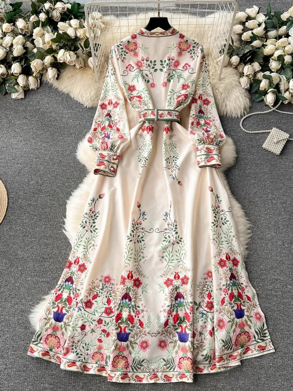 2024-es divat Bohemain ünnepi virágos ruha női állógallér, hosszú ujjú virágmintás öv, oldalt hasított szexi köntös Maxi Vestidos