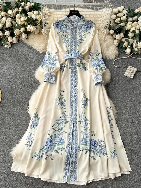 2024-es divat Bohemain ünnepi virágos ruha női állógallér, hosszú ujjú virágmintás öv, oldalt hasított szexi köntös Maxi Vestidos