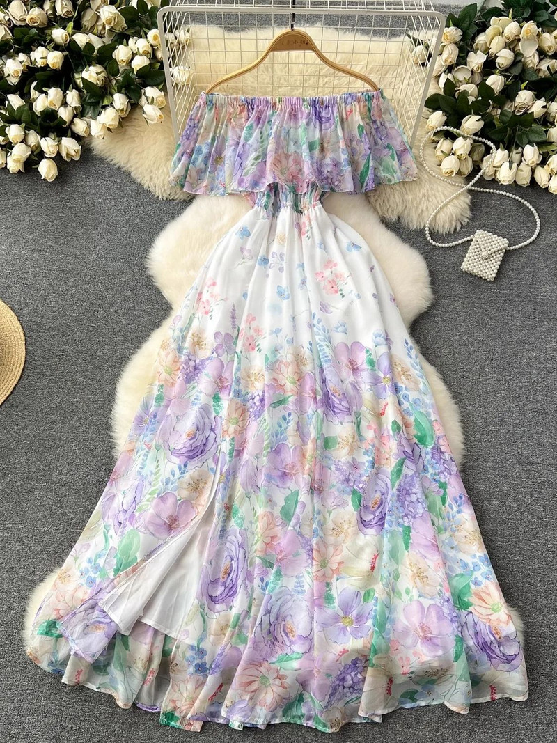 Nyári gyönyörű virág nyomtatott vállruha női strand fodros ujj magas elasztikus derék parti köntös Maxi Vestidos