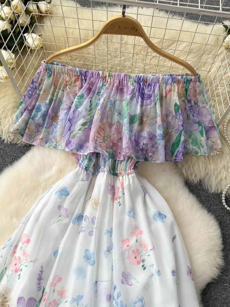 Nyári gyönyörű virág nyomtatott vállruha női strand fodros ujj magas elasztikus derék parti köntös Maxi Vestidos