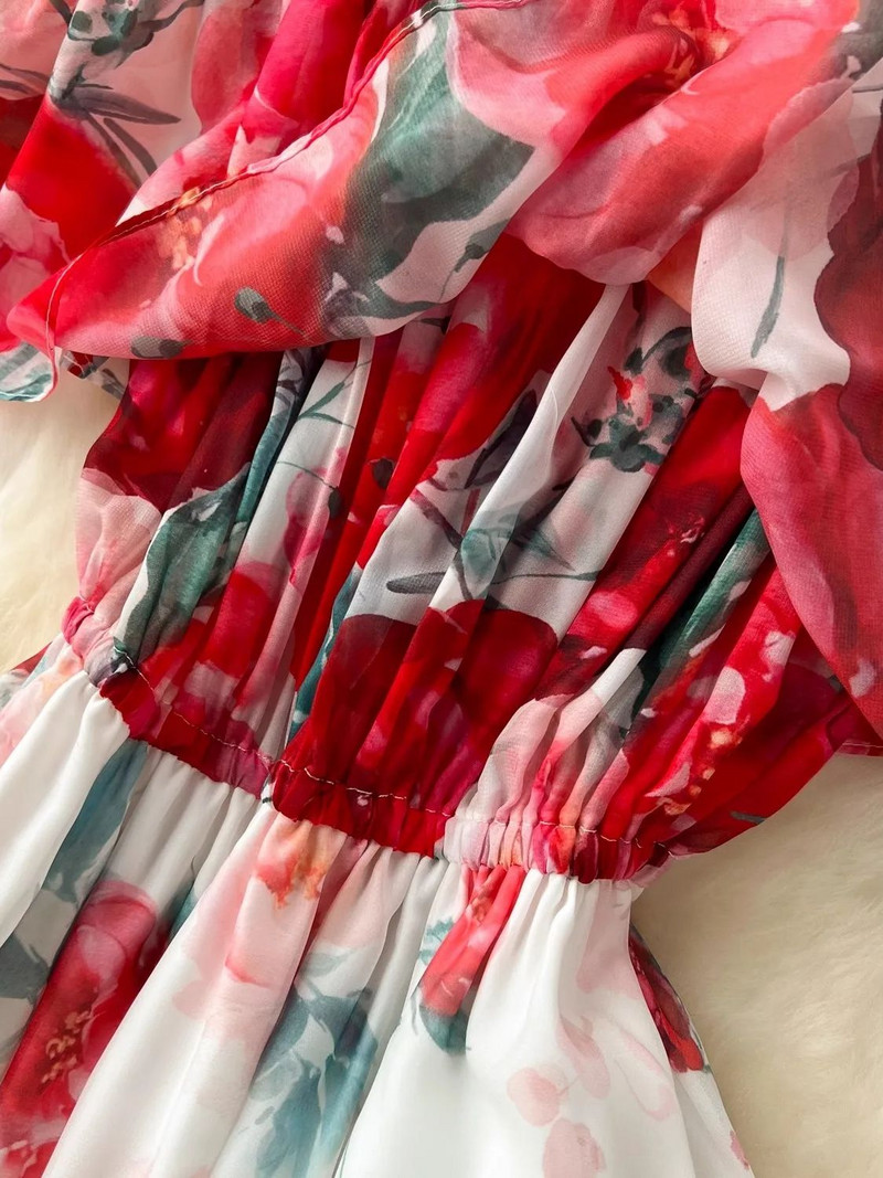 Nyári gyönyörű virág nyomtatott vállruha női strand fodros ujj magas elasztikus derék parti köntös Maxi Vestidos