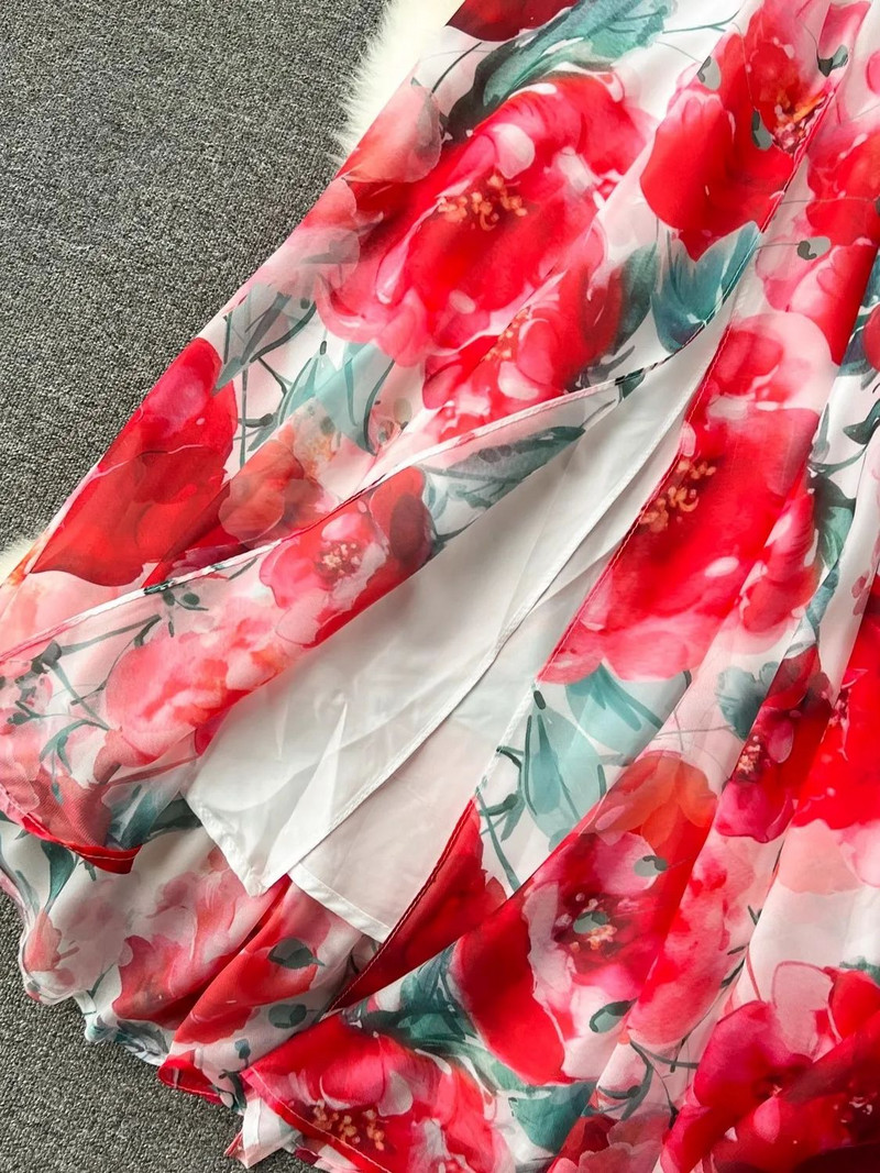 Nyári gyönyörű virág nyomtatott vállruha női strand fodros ujj magas elasztikus derék parti köntös Maxi Vestidos