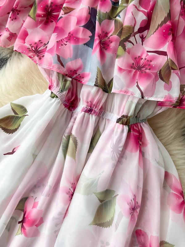 Nyári fodros vállról sifon ruha női szexi vékony, A-vonalú nyomtatott ruhák női Viantage Beach hasított maxi ruha