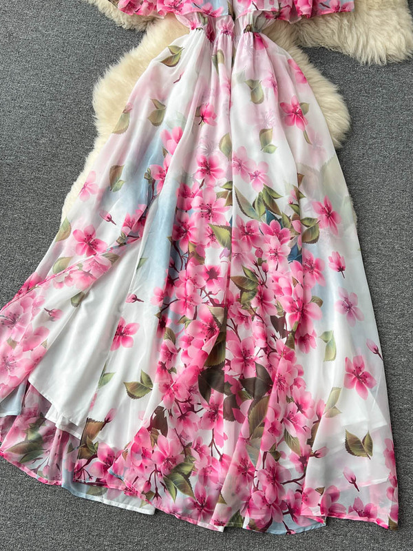 Nyári fodros vállról sifon ruha női szexi vékony, A-vonalú nyomtatott ruhák női Viantage Beach hasított maxi ruha