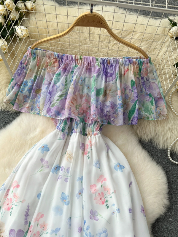 Elegáns női sifon buliruha Nyári, fodros, ferde nyakú, szexi válltól távol eső strand hosszú ruhák Női osztott mintás virágos ruha