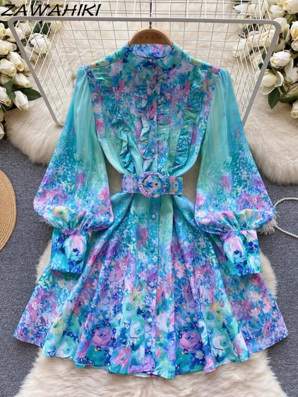 Vestidos De Fiesta Női Ruhák Rövid nyári ruha Virágos Vintage Elegáns Fodrokkal Lámpás Ujj Redős Köntös Köntös Femme