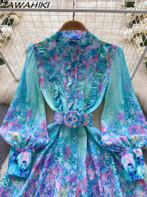 Vestidos De Fiesta Női Ruhák Rövid nyári ruha Virágos Vintage Elegáns Fodrokkal Lámpás Ujj Redős Köntös Köntös Femme