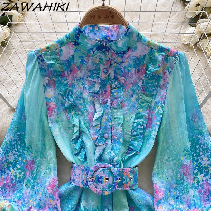 Vestidos De Fiesta Női Ruhák Rövid nyári ruha Virágos Vintage Elegáns Fodrokkal Lámpás Ujj Redős Köntös Köntös Femme