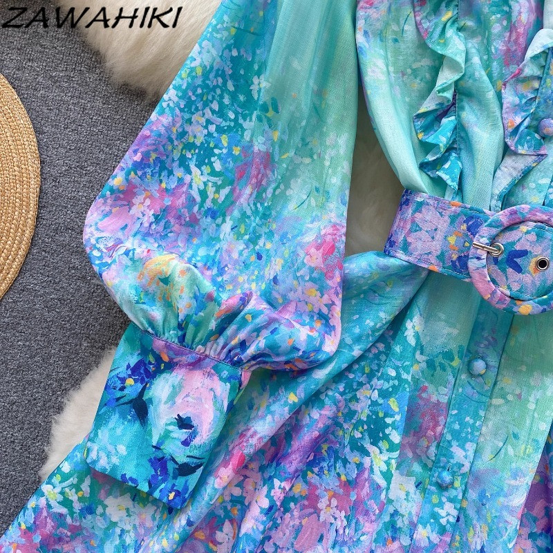 Vestidos De Fiesta Női Ruhák Rövid nyári ruha Virágos Vintage Elegáns Fodrokkal Lámpás Ujj Redős Köntös Köntös Femme