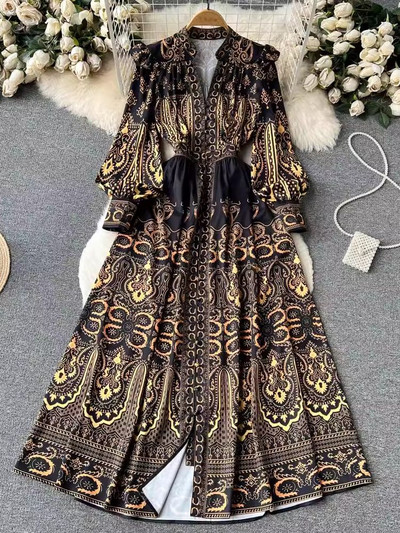 Őszi Vintage Virágos Maxi Ruha Női Lámpás Hosszú ujjú V Nyakú Egysoros A-vonal Barokk Nyomott Fodor Köntös Vestidos