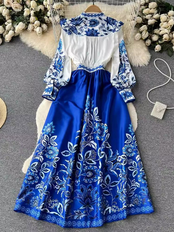 Őszi Vintage Virágos Maxi Ruha Női Lámpás Hosszú ujjú V Nyakú Egysoros A-vonal Barokk Nyomott Fodor Köntös Vestidos