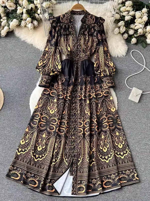 Őszi Vintage Virágos Maxi Ruha Női Lámpás Hosszú ujjú V Nyakú Egysoros A-vonal Barokk Nyomott Fodor Köntös Vestidos