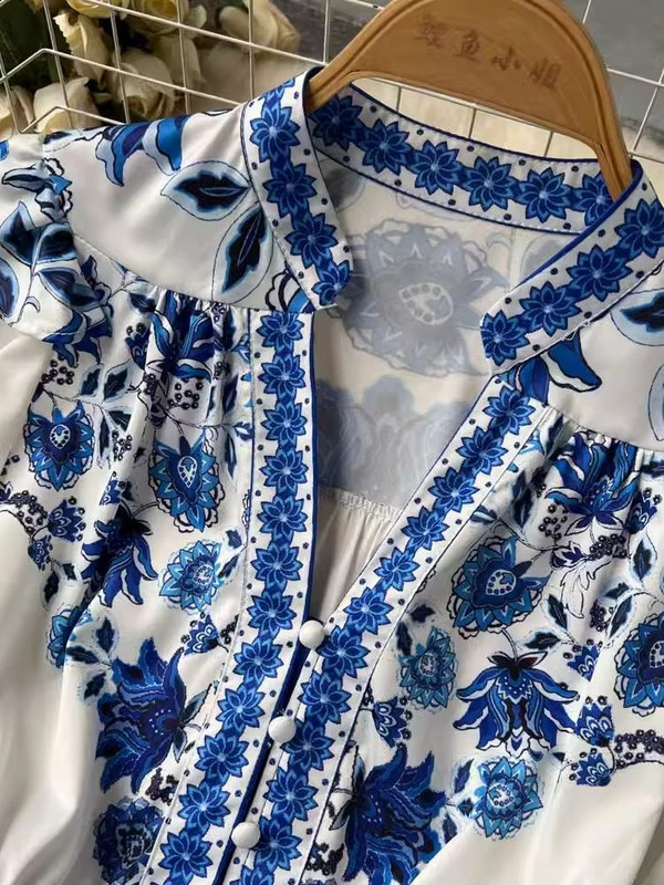 Őszi Vintage Virágos Maxi Ruha Női Lámpás Hosszú ujjú V Nyakú Egysoros A-vonal Barokk Nyomott Fodor Köntös Vestidos