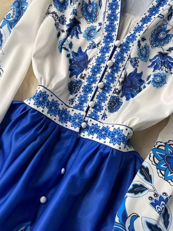 Őszi Vintage Virágos Maxi Ruha Női Lámpás Hosszú ujjú V Nyakú Egysoros A-vonal Barokk Nyomott Fodor Köntös Vestidos