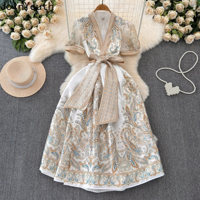 Bandage Bow Kleitas Sieviešu apģērbi V-veida kakla izgriezums Puff piedurknēm Ziedu halāts Femme Vintage Eleganta vasaras kleita 2024 Vestidos De Mujer