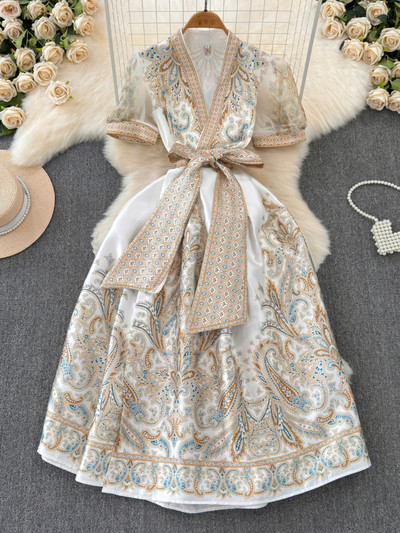 Bandage masni ruhák Női ruházat V-nyakú puffos ujjú virágos köntös Femme Vintage elegáns nyári ruha 2024 Vestidos De Mujer