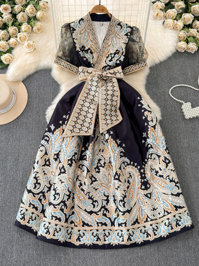 Bandage masni ruhák Női ruházat V-nyakú puffos ujjú virágos köntös Femme Vintage elegáns nyári ruha 2024 Vestidos De Mujer