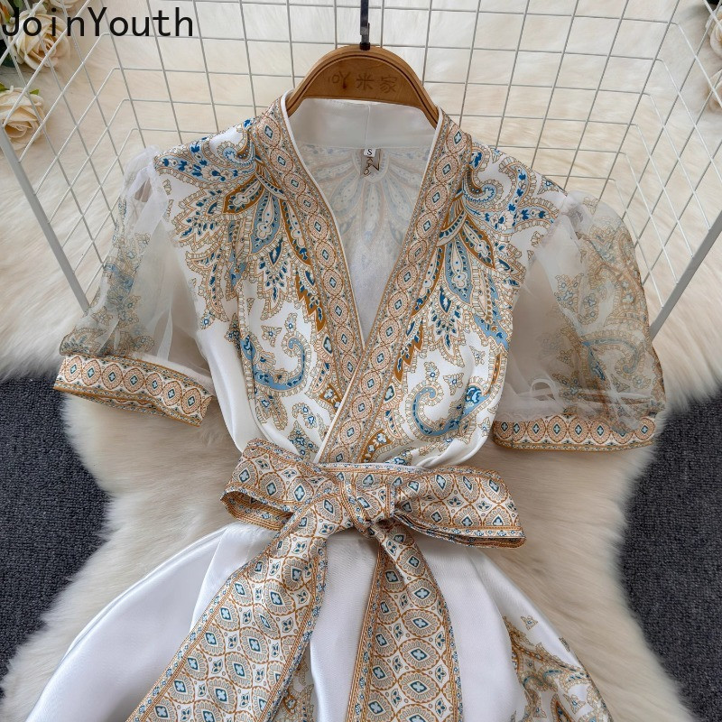 Bandage masni ruhák Női ruházat V-nyakú puffos ujjú virágos köntös Femme Vintage elegáns nyári ruha 2024 Vestidos De Mujer