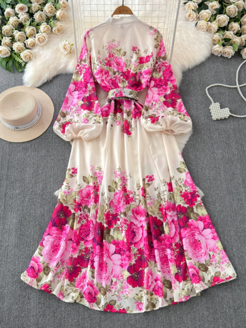 Neploe 2024 új női állógalléros, felfújt ujjú ruha, nyomtatott A-vonalú, elegáns, hétköznapi ingázási Vestidos vékony szabású, övvel borított köntös