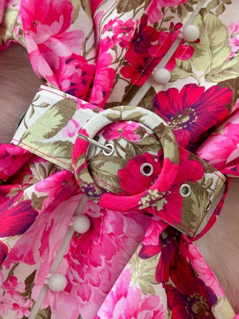 Neploe 2024 új női állógalléros, felfújt ujjú ruha, nyomtatott A-vonalú, elegáns, hétköznapi ingázási Vestidos vékony szabású, övvel borított köntös