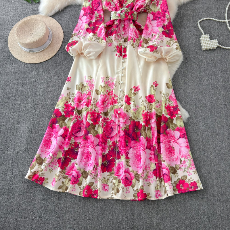 Neploe 2024 új női állógalléros, felfújt ujjú ruha, nyomtatott A-vonalú, elegáns, hétköznapi ingázási Vestidos vékony szabású, övvel borított köntös