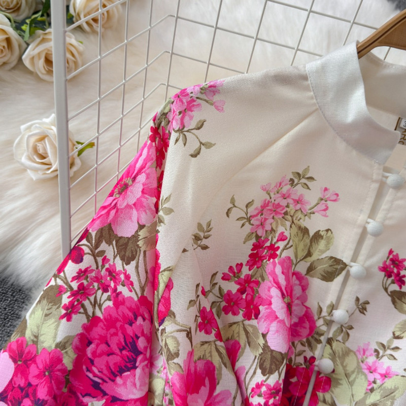 Neploe 2024 új női állógalléros, felfújt ujjú ruha, nyomtatott A-vonalú, elegáns, hétköznapi ingázási Vestidos vékony szabású, övvel borított köntös