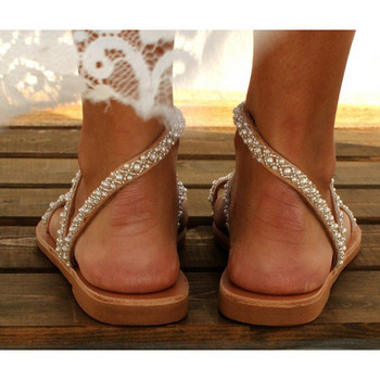 Бохемска перлена кристална каишка на глезена Дамски плажни плоски обувки Лятна ваканционна рокля Сватбена парти Джапанка Сандал Zapatos Mujer 2024