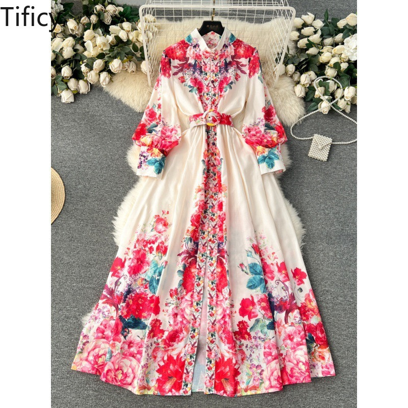 Palace Retro francia elegáns ruha tavaszi és őszi női új csúcskategóriás álló galléros lámpás hosszú ujjú derék ruhák