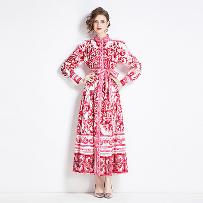 Tavaszi kifutó kék-fehér porcelán ruha női álló hosszú lámpás ujjú virágmintás fűzős strandköpeny Vestidos