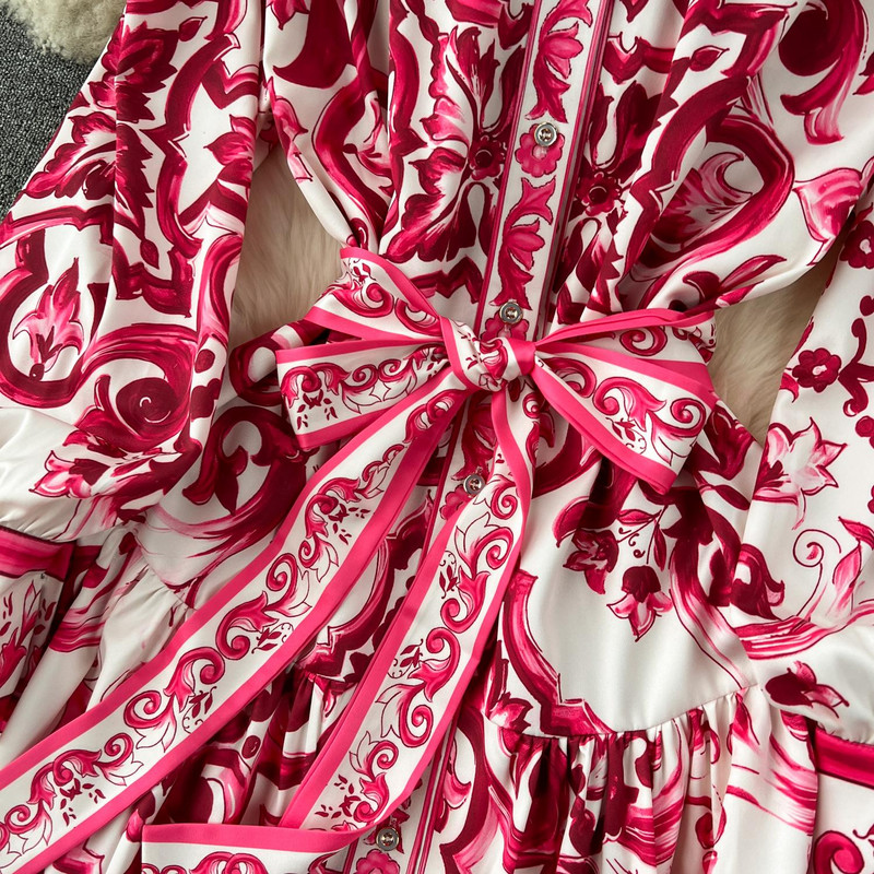 Tavaszi kifutó kék-fehér porcelán ruha női álló hosszú lámpás ujjú virágmintás fűzős strandköpeny Vestidos