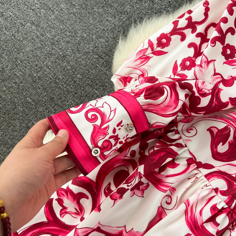 Tavaszi kifutó kék-fehér porcelán ruha női álló hosszú lámpás ujjú virágmintás fűzős strandköpeny Vestidos