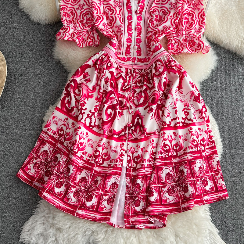 JAMERARY Runway Piros Kék Fehér Porcelán virágos miniruha női rövid ujjú, egysoros vintage ünnepi köntös Party Vestido