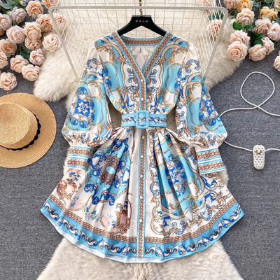 2024-es új tavaszi, nyári virágmintás divatos vintage női, V nyakú, egysoros öves lámpás ujjú alkalmi parti ruhák